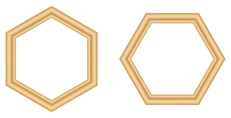 Photo Frames on the wall. wooden hexagon frames.  for picture, painting, poster, lettering or photo gallery. vector illustration isolated on white background.