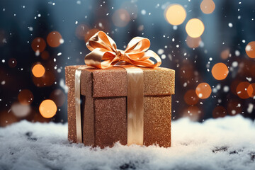 A beautiful gift box with beautiful light spots and snowflakes in front of a blurred background