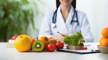 fresh vegetable on desk with nutritionist female doctor working at office hospital, 