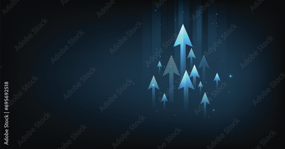 Fototapete Growth business on successful with arrow up digital on a dark blue background. growing graph arrow icon from triangle line particle design low poly.Concept of goals to be successful.	