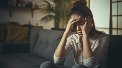 girl headache or migraine pain suffering from vertigo while 
