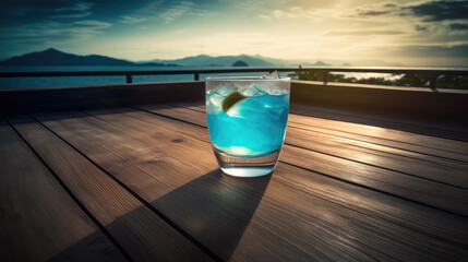 A glass of cocktail is placed on a table by the sea, travel and vacation, AI generated