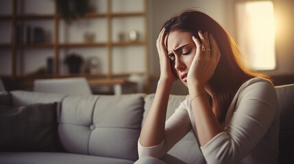 girl headache or migraine pain suffering from vertigo while 