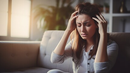 girl headache or migraine pain suffering from vertigo while sitting at home - obrazy, fototapety, plakaty