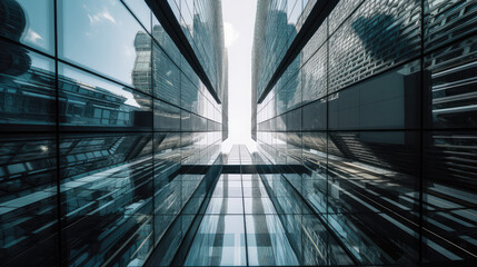 Obraz premium Looking up at modern urban business buildings, generated by AI