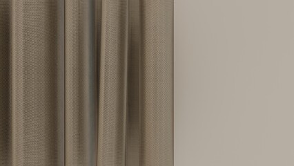 Close up of brown curtain on gray background. 3D rendering illustration