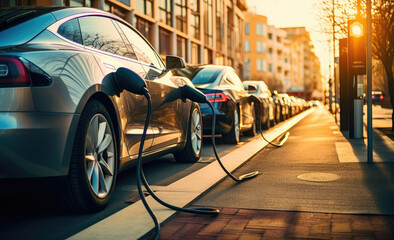 electric cars parked in a row with charging stations, street background 