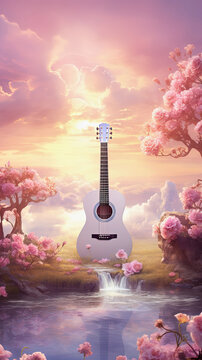 Acoustic guitar with dreamy sunset landscape. Ambient, calming music