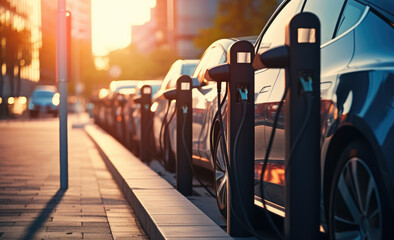 electric cars parked in a row with charging stations, street background 