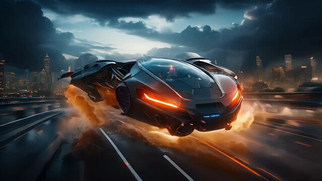 A futuristic hovercar suspended midair in a traffic jam illuminated by a passing flash of lightning. cyberpunk ar
