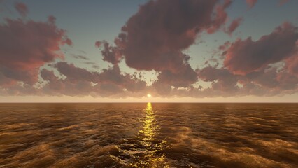 3D rendering of a seascape with clouds and sunset.