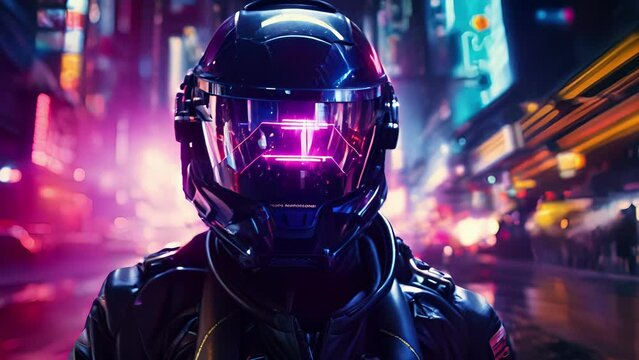 Person wearing a cyberpunkstyle helmet walking a a sea of glowing neon lights. cyberpunk ar