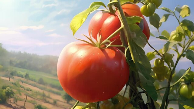 sunkissed tomato still warm from the suns rays proudly perched atop its vine in an organic farm field. .