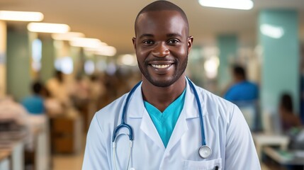 Smiling African doctor standing in a hospital 
