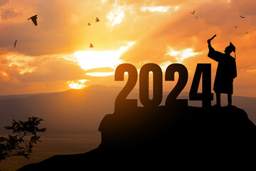 2024 New Year resolution.Silhouette Young man Graduation in 2024 years, education congratulation...