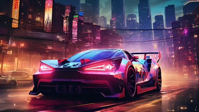 An electric sports car surrounded by an illuminated late night city skyline the streets lit by colorful neon lights. .