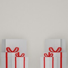 On a white background, white shopping bags and white gift boxes wrapped with red string are located at the bottom of the image. 3d illustration background image.