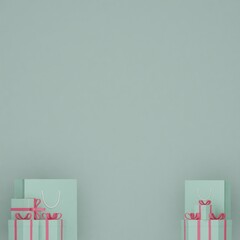 Mint gift boxes wrapped with mint shopping bags and pin strings are located at the bottom of the image on a mint background. 3d illustration background image. - obrazy, fototapety, plakaty
