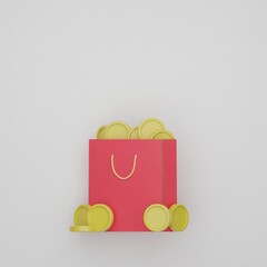 There is a red shopping bag on a white background. The shopping bag was full of gold coins. Coins are overflowing. 3 Render illustration background image. shopping, gifts