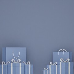 On a navy blue background, navy blue shopping bags and navy blue gift boxes wrapped with silver strings are located at the bottom of the image. 3d illustration background image.