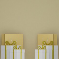 On a yellow background, gold shopping bags and white gift boxes wrapped with gold string are located at the bottom of the image. 3d illustration background image.