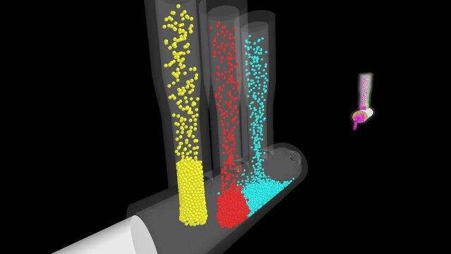 Particle simulation science - Pistons, pipes and colorful glass beads