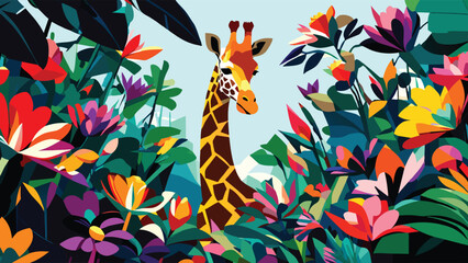 abstract vector illustration a giraffe is trying to camouflage itself among large flowers