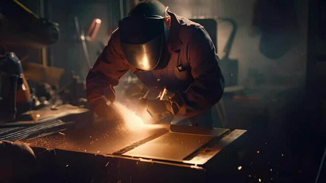 An overhead shot of a Metalworker hunched over his workbench tools spread out around him and bright sparks eminating from the welding machines.