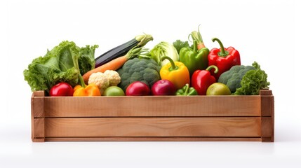  A wooden box filled with fresh fruit and vegetables 