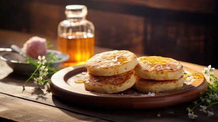 crumpets on a wooden table ,closeup english crumpets  - Powered by Adobe
