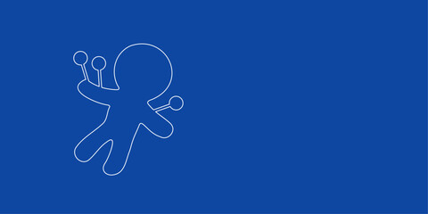 A large white outline Voodoo Doll symbol on the left. Designed as thin white lines. Vector illustration on blue background
