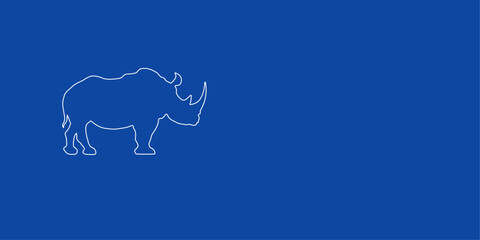 A large white outline rhino symbol on the left. Designed as thin white lines. Vector illustration on blue background