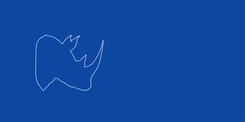 A large white outline rhinoceros head symbol on the left. Designed as thin white lines. Vector illustration on blue background