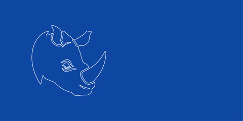 A large white outline rhino head logo on the left. Designed as thin white lines. Vector illustration on blue background