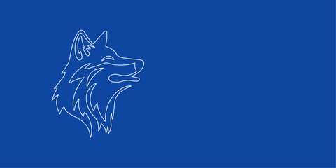 A large white outline wolf head on the left. Designed as thin white lines. Vector illustration on blue background