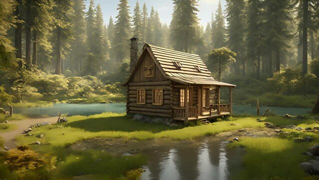 wooden cabin nestled clearing surrounded dense forest, with dirt path leading towards small pond where deer seen drinking. 2d animation