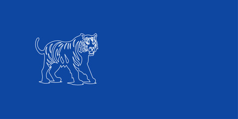 A large white outline tiger symbol on the left. Designed as thin white lines. Vector illustration on blue background