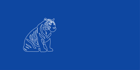 A large white outline sitting tiger symbol on the left. Designed as thin white lines. Vector illustration on blue background