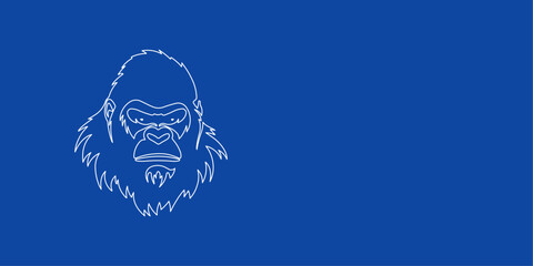 A large white outline gorilla head symbol on the left. Designed as thin white lines. Vector illustration on blue background