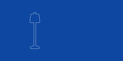 A large white outline floor lamp symbol on the left. Designed as thin white lines. Vector illustration on blue background