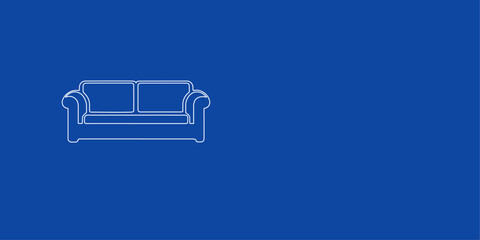 A large white outline sofa icon on the left. Designed as thin white lines. Vector illustration on blue background