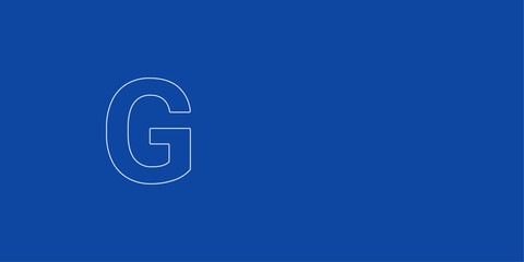 A large white outline capital letter G symbol on the left. Designed as thin white lines. Vector illustration on blue background