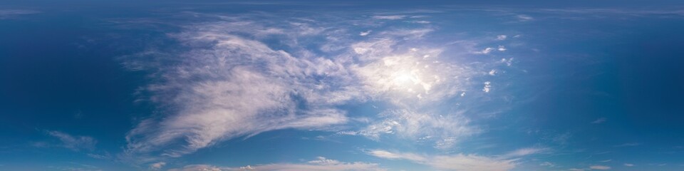 Blue summer sky panorama with light Cirrus clouds. HDR 360 seamless spherical panorama. Full zenith or sky dome for 3D visualization, sky replacement for aerial drone panoramas.