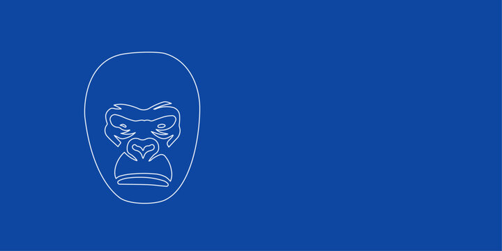 A large white outline gorilla head on the left. Designed as thin white lines. Vector illustration on blue background