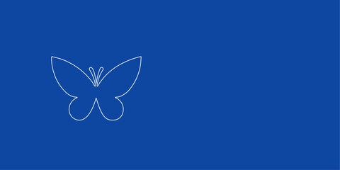 A large white outline butterfly symbol on the left. Designed as thin white lines. Vector illustration on blue background