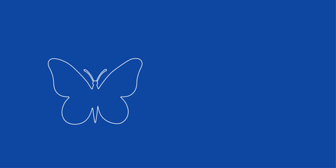 A large white outline butterfly symbol on the left. Designed as thin white lines. Vector illustration on blue background