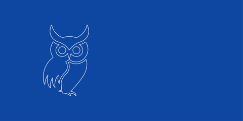 A large white outline owl symbol on the left. Designed as thin white lines. Vector illustration on blue background