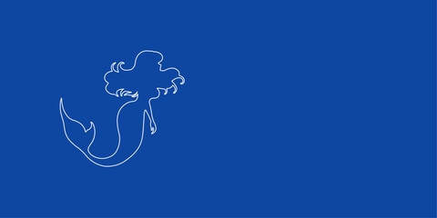 A large white outline mermaid symbol on the left. Designed as thin white lines. Vector illustration on blue background