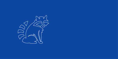 A large white outline raccoon symbol on the left. Designed as thin white lines. Vector illustration on blue background © Alexey