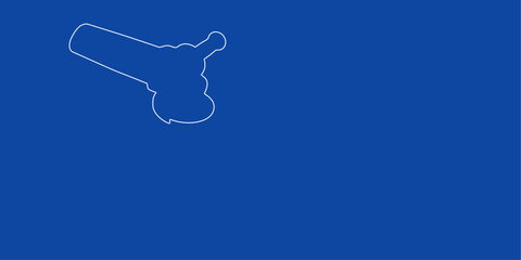 A large white outline angle grinder symbol on the left. Designed as thin white lines. Vector illustration on blue background